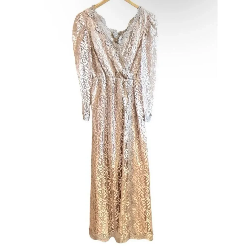 Vintage JCPenney 10P Taupe Rose Gold Lace Maxi Dress Petite Long Sleeve DressUSA